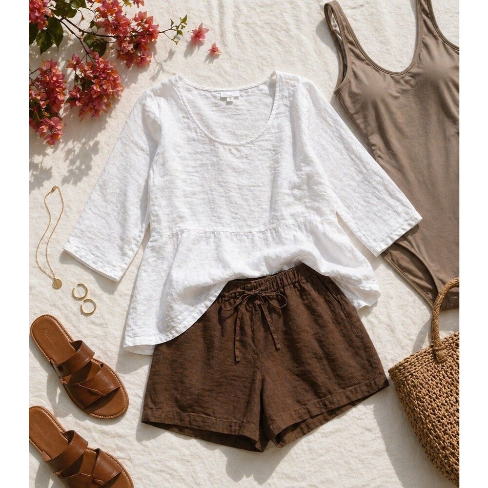 Pure Jill White Linen Peplum Top Relaxed Fit Minimalist Coastal Lagenlook Petite